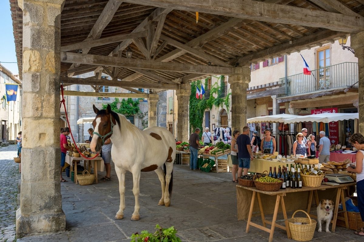 La halle médiévale de Lagrasse et la place où se tient le marché du samedi