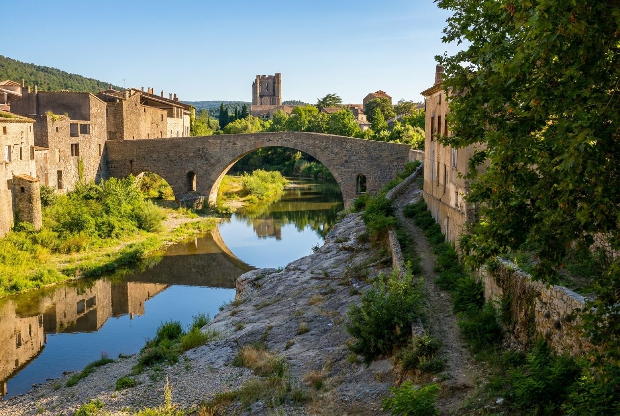 Le vieux pont de Lagrasse sur l'Orbieu, avec l'abbaye Sainte-Marie en arrière-plan