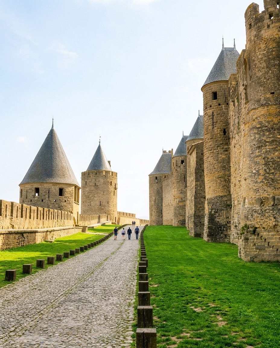 Les lices, couloir herbeux entre les deux enceintes de remparts de la Cité de Carcassonne