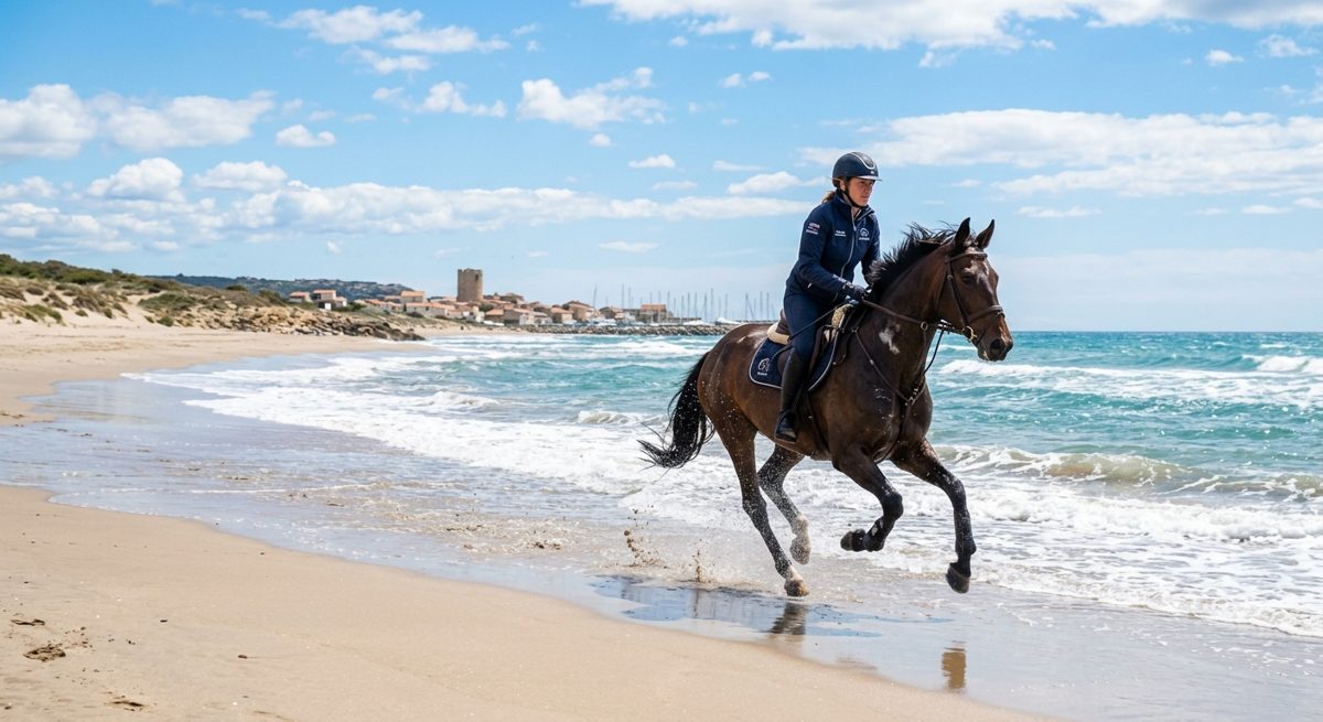 Galop à cheval sur la plage de Gruissan au bord de la Méditerranée