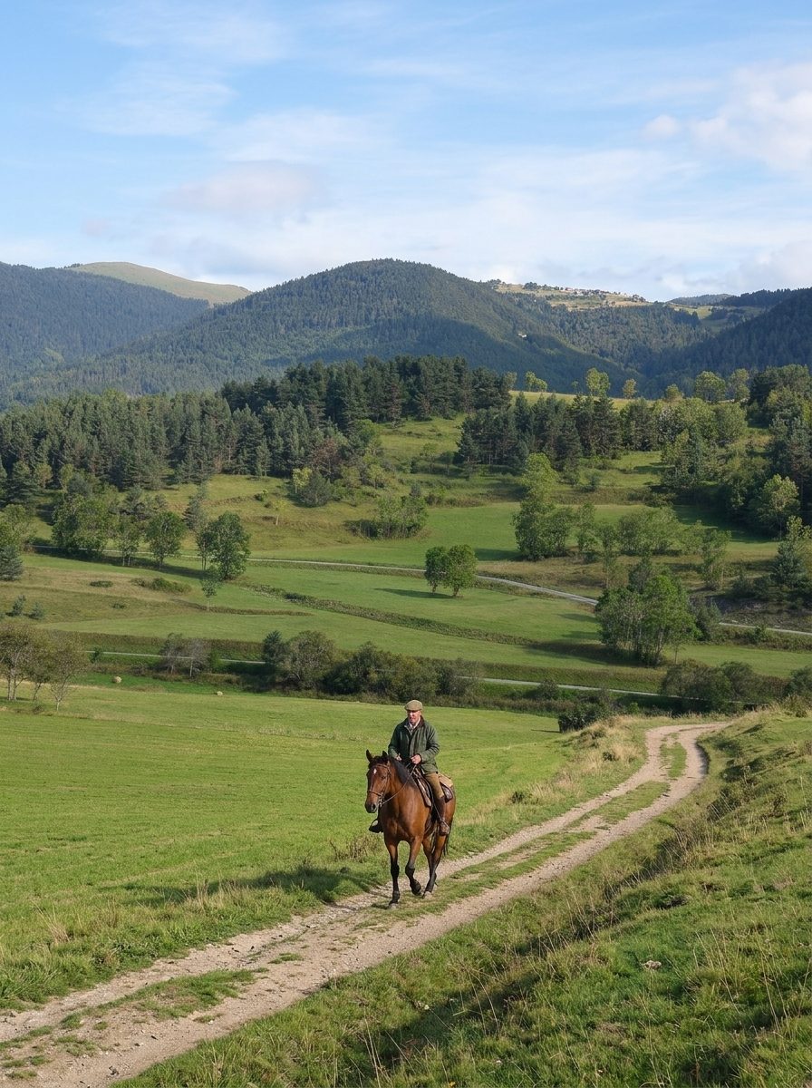 Chemin de randonnée à cheval dans les Pyrénées audoises sous une lumière claire
