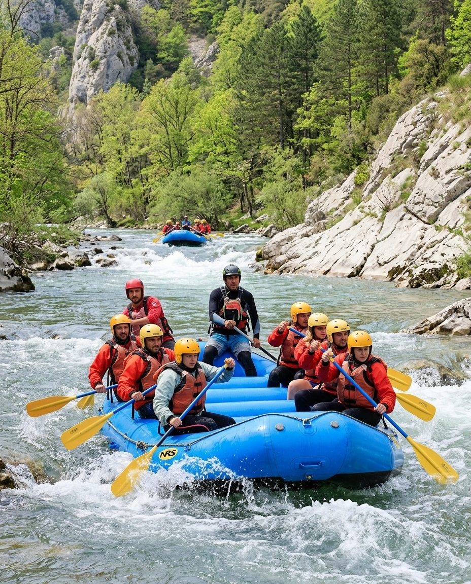 Équipe de rafting descendant les rapides du fleuve Aude entre Axat et Quillan