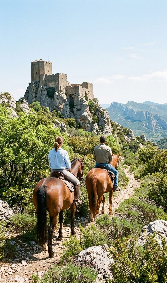 Cavaliers en randonnée à cheval au pied d'un château cathare dans l'Aude