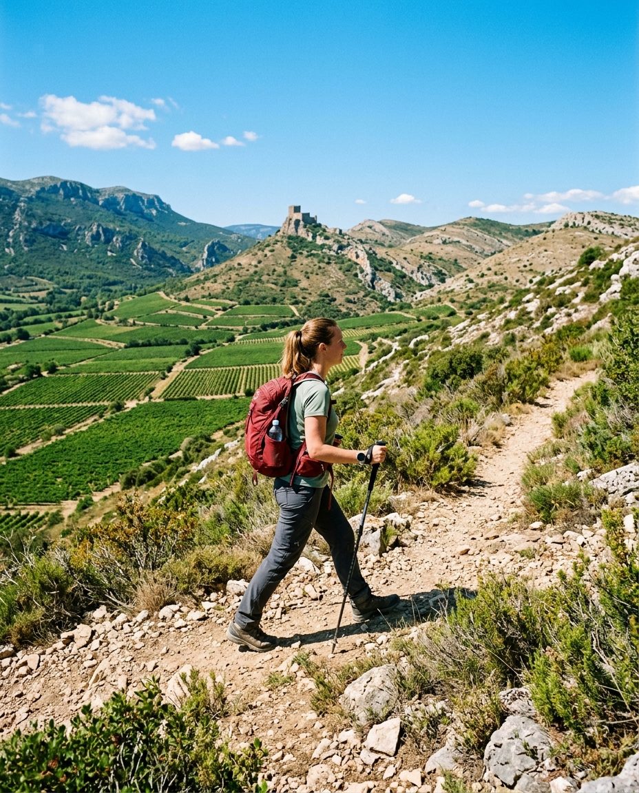 Randonneuse sur un sentier de garrigue des Corbières audoises, vignes en contrebas