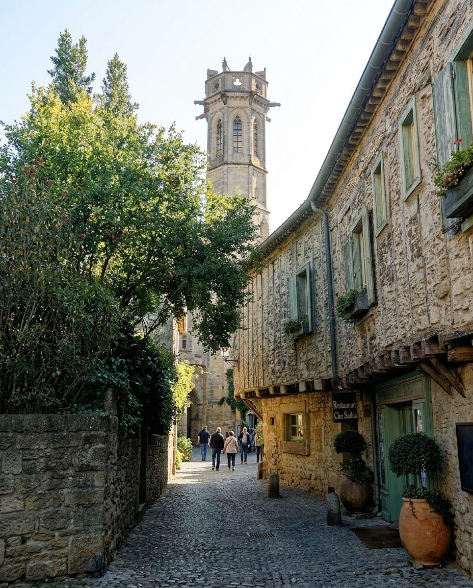 Ruelle pavée animée à l'intérieur de la Cité de Carcassonne