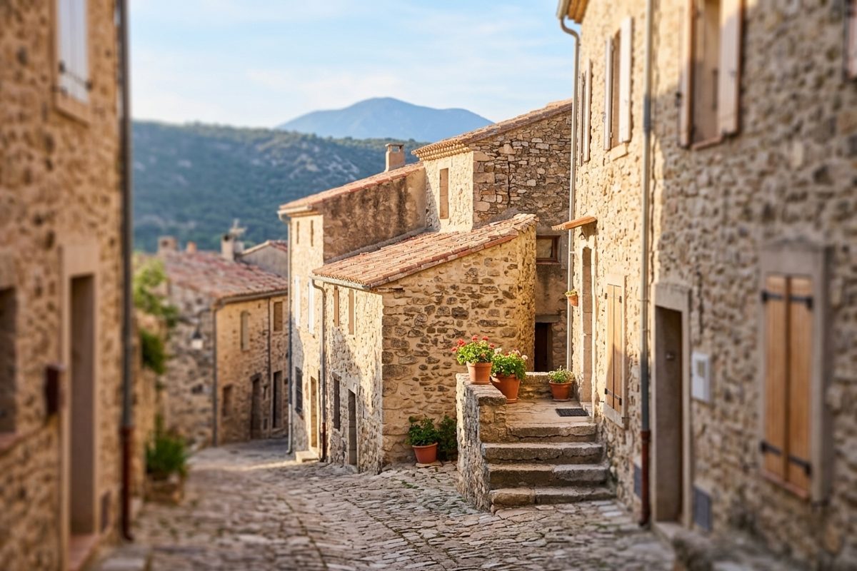 Ruelles fleuries du village de Cucugnan et maisons de pierre