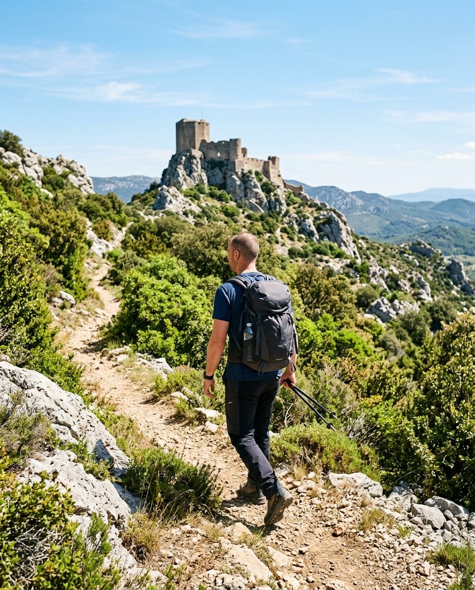Randonneur sur le sentier cathare avec un château perché de l'Aude
