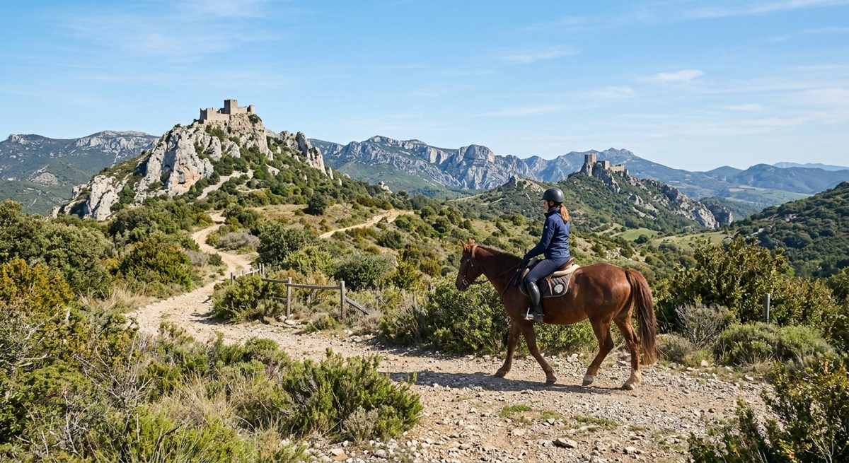Le sentier cathare à cheval entre garrigue et châteaux