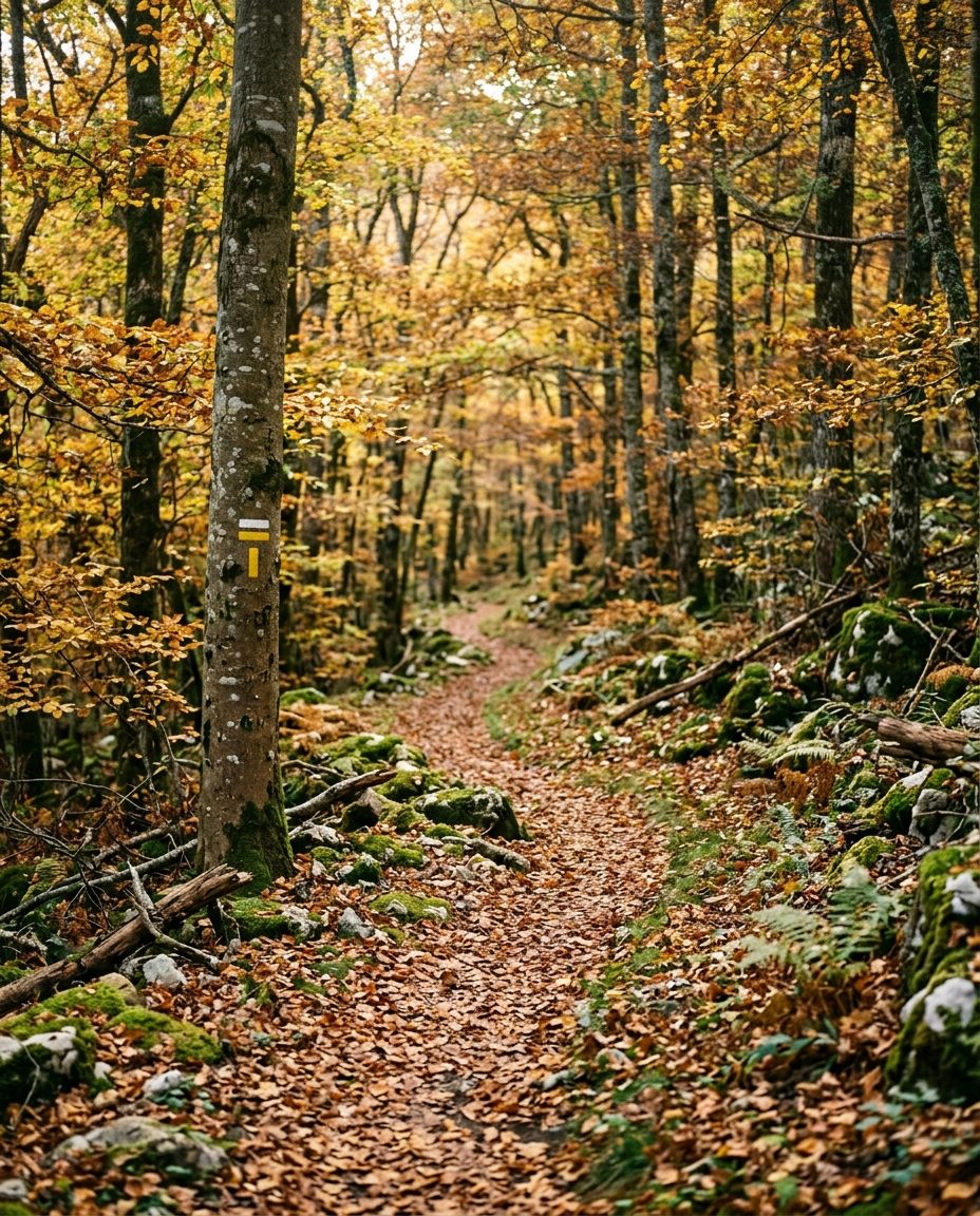 Sentier de petite randonnée balisé jaune en sous-bois de hêtraie aux couleurs d'automne près de Quillan