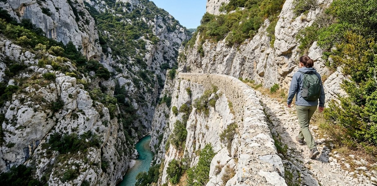 Randonneur sur le sentier des crêtes au-dessus des gorges de Galamus