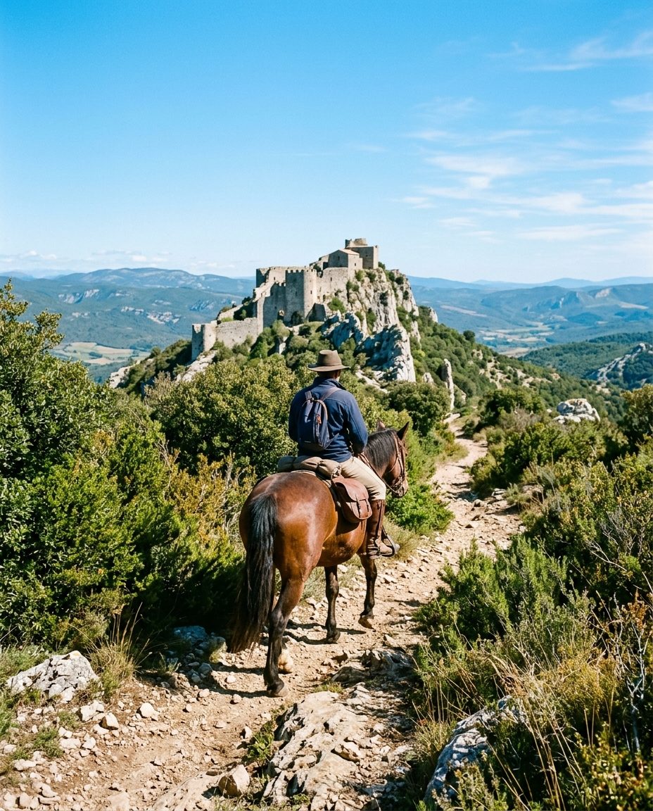 Cavalier sur le sentier cathare à cheval avec un château perché en arrière-plan