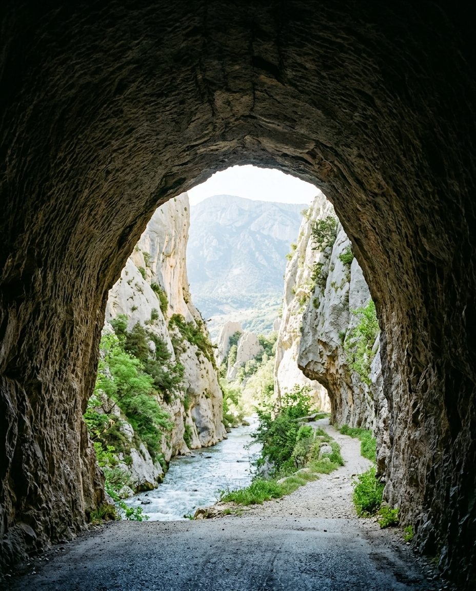 Le Trou du Curé, tunnel taillé dans la roche du défilé de Pierre-Lys au-dessus de l'Aude