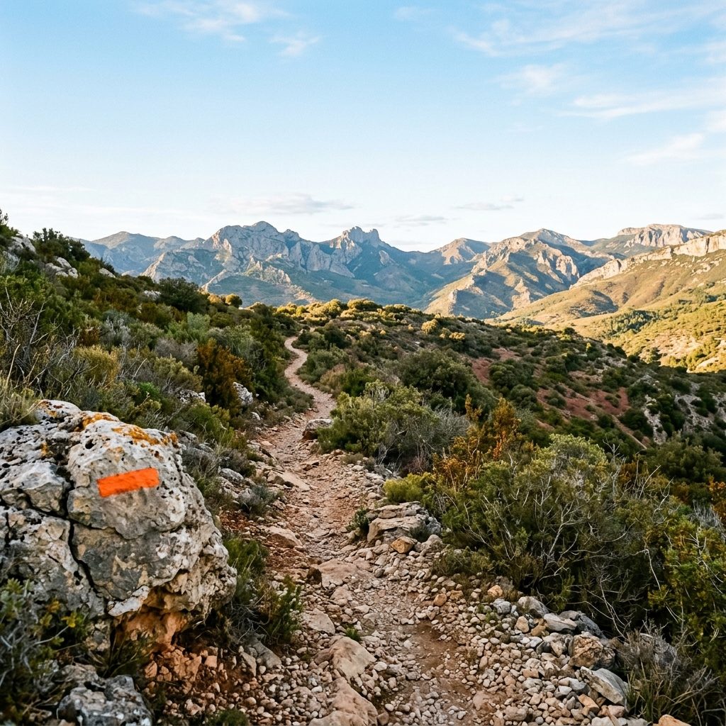 Sentier balisé de la variante équestre dans la garrigue des Corbières
