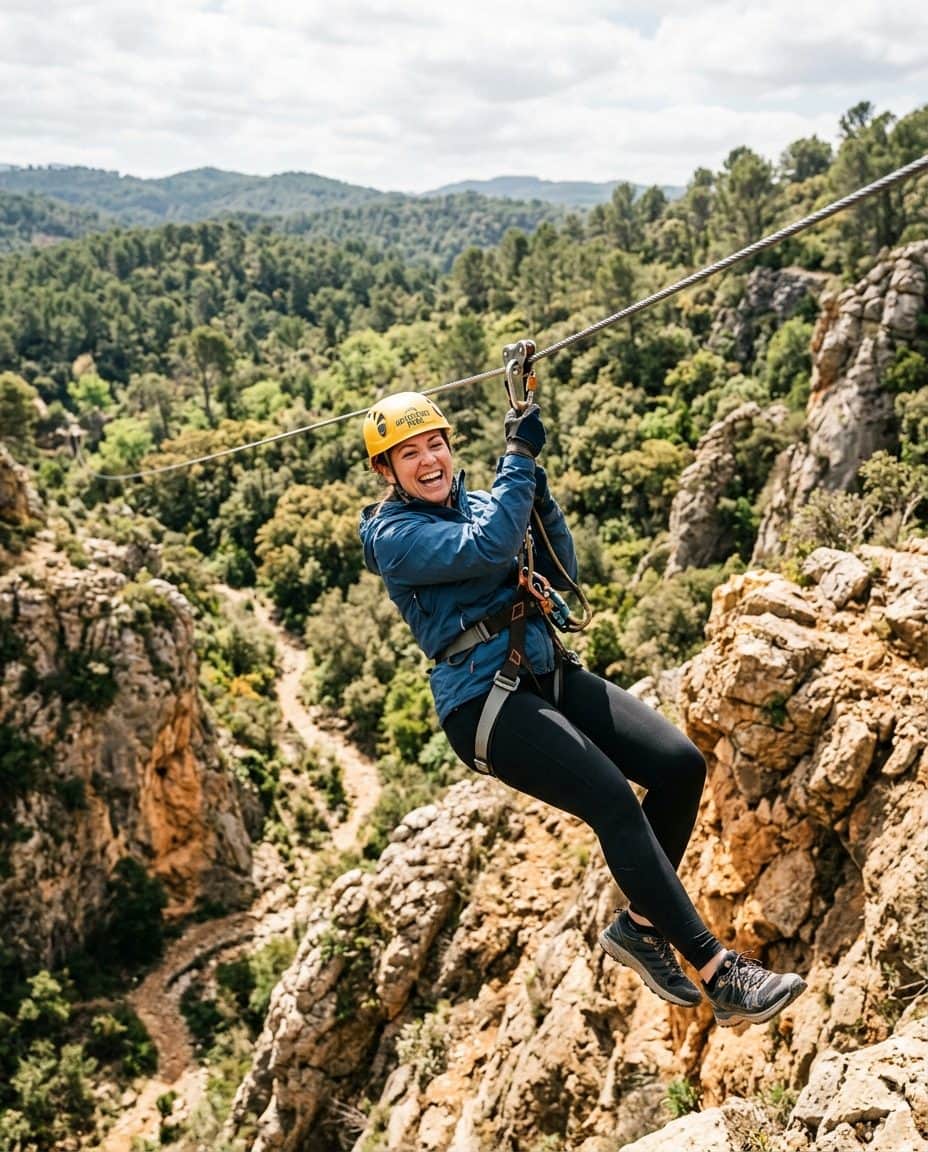 Tyrolienne au-dessus d'un canyon sec dans la Haute Vallée de l'Aude