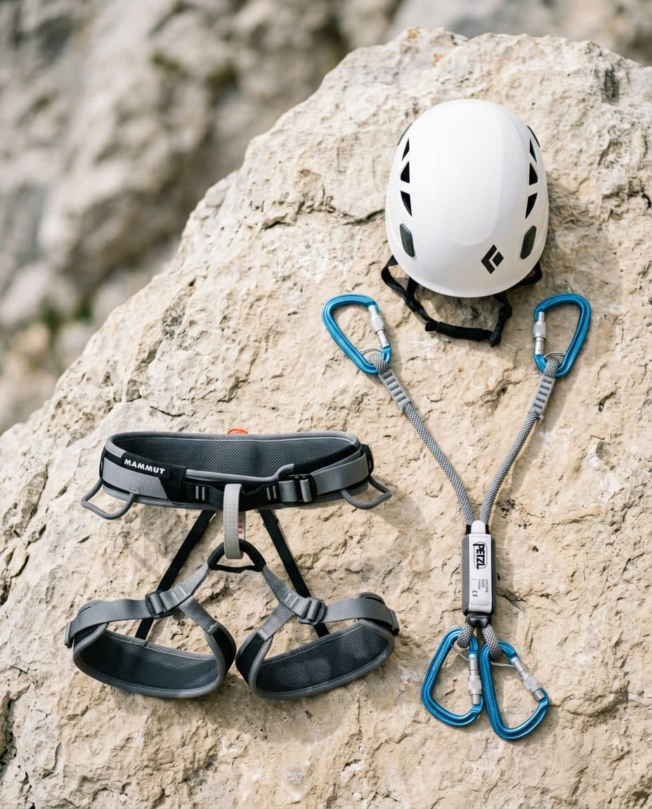 Matériel de via ferrata : baudrier, longe en Y avec absorbeur et casque