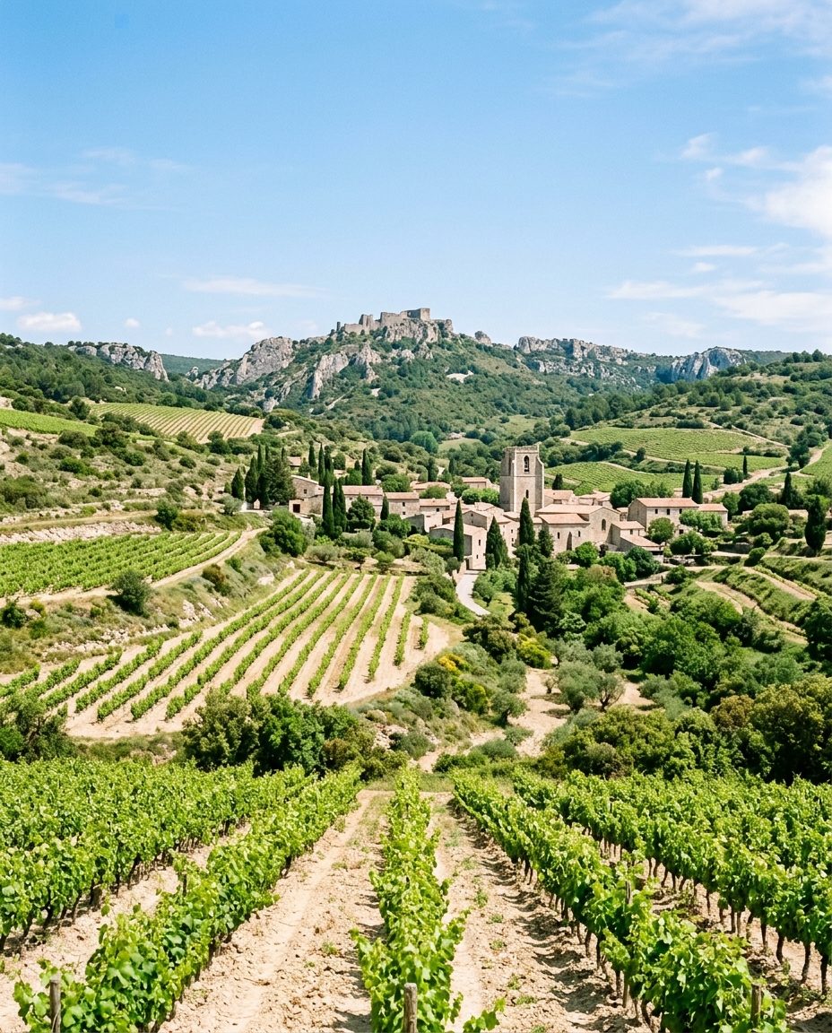 Paysage de vignes et de collines des Corbières dans l'Aude sous un ciel clair