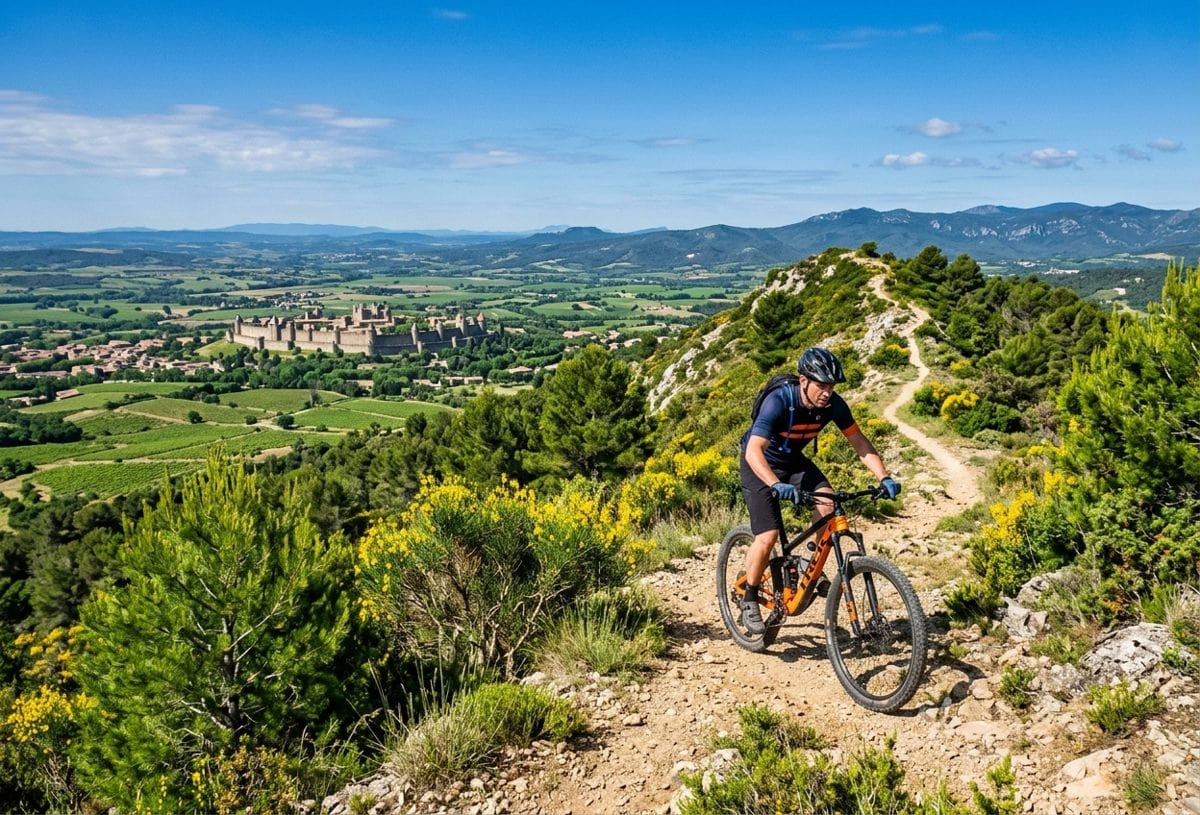 VTT sur les crêtes de la Montagne Noire avec la Cité de Carcassonne au loin