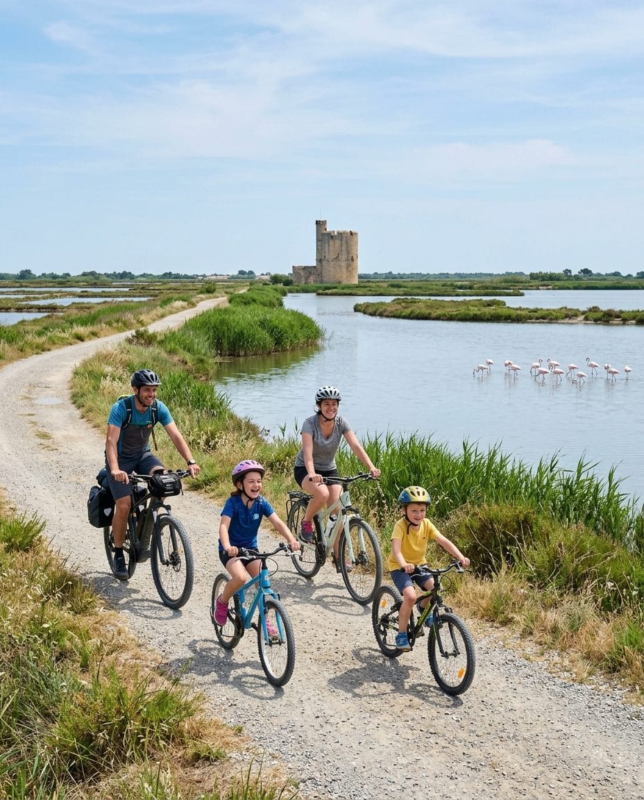 Sortie VTT en famille au bord d'un étang du littoral audois à Gruissan