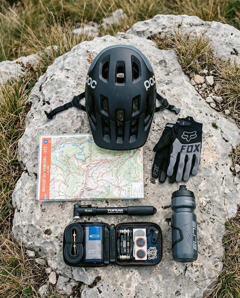 Équipement VTT prêt pour une sortie : casque, gants, gourde et kit de réparation