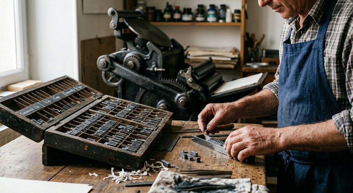 Atelier d'arts graphiques à Montolieu : presse typographique et casse de caractères