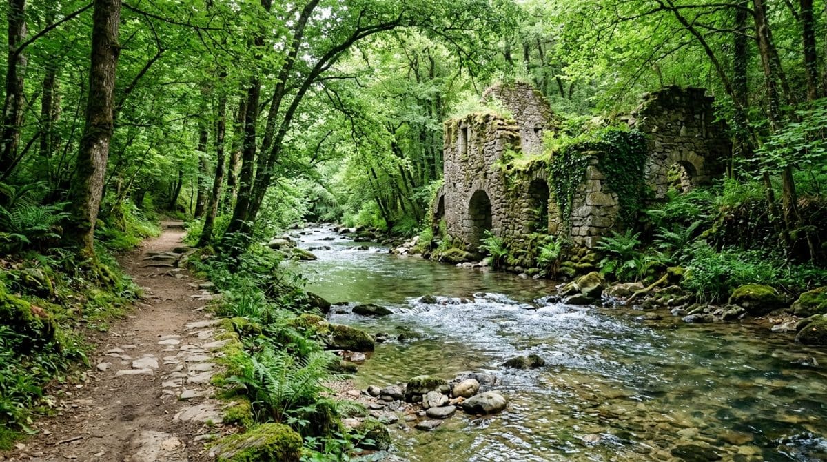 Le sentier des Moulins de la Dure le long de la rivière ombragée près de Montolieu