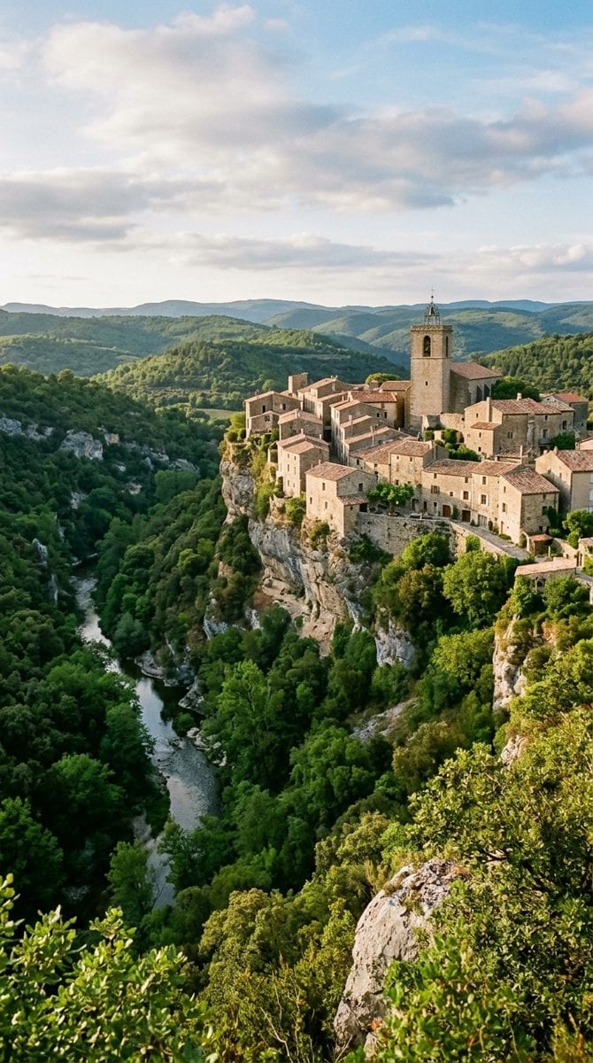 Le village perché de Montolieu au-dessus des gorges de la Dure, au pied de la Montagne Noire