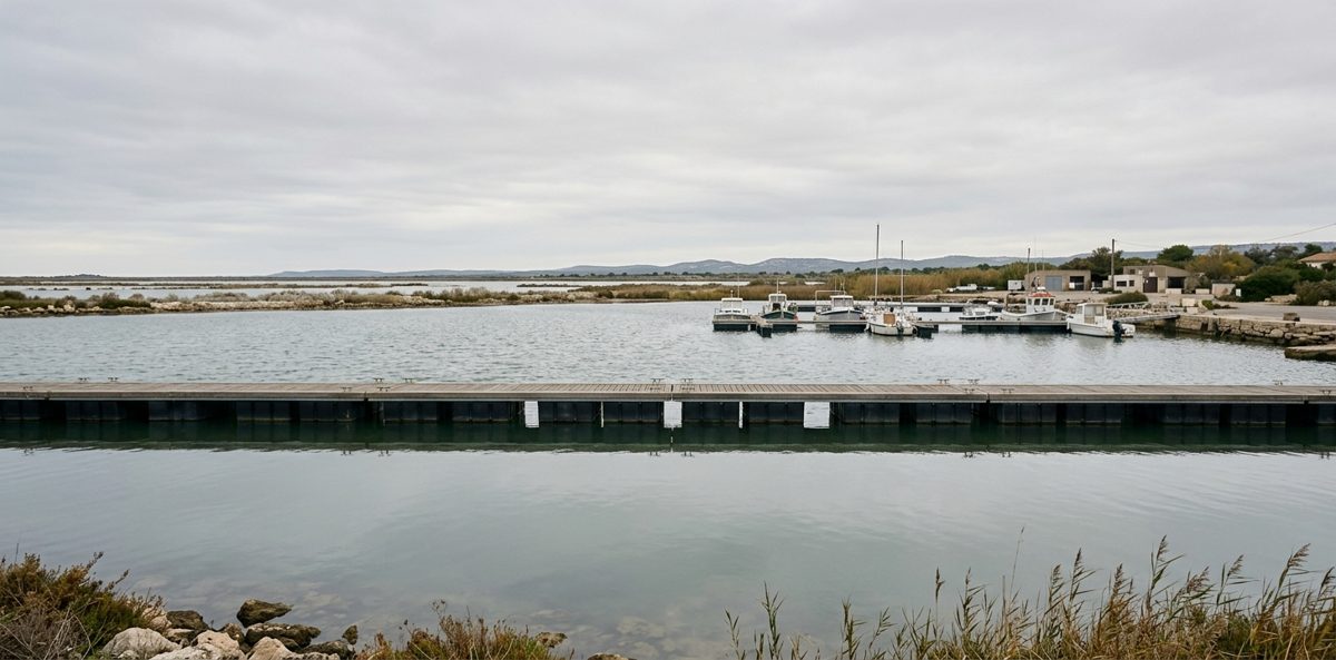 Vue large de l'avant-port protégé par son ponton brise-clapot, entre la darse et la lagune