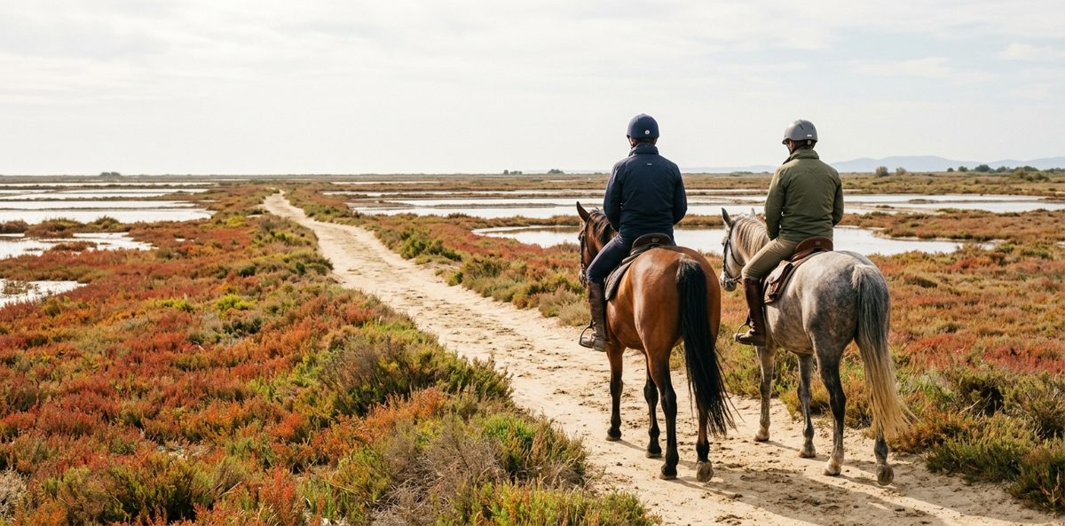 Deux cavaliers au pas sur un chemin de sansouïre entre les salins, à l'arrière de la station