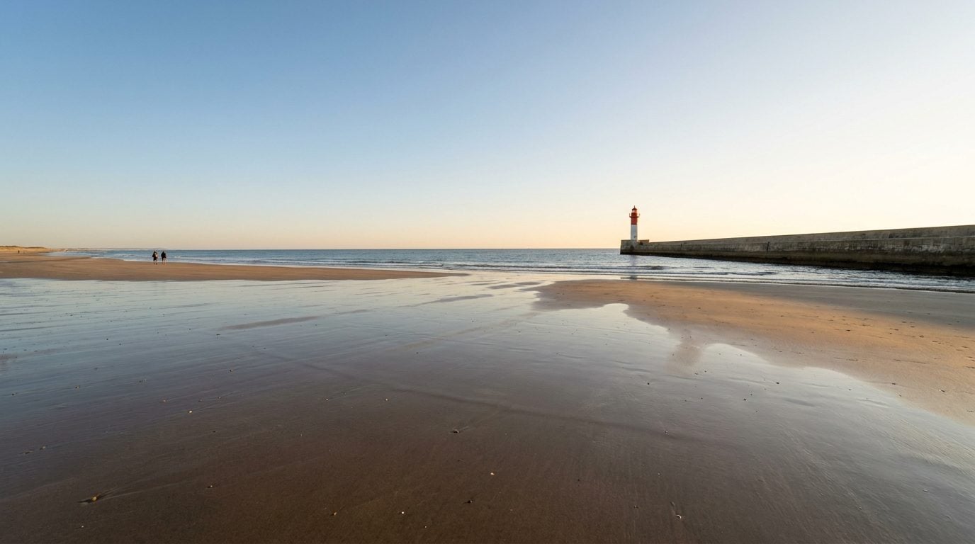 Le phare rouge et blanc au bout de la jetée de Port-la-Nouvelle, vu depuis le sable en fin de journée
