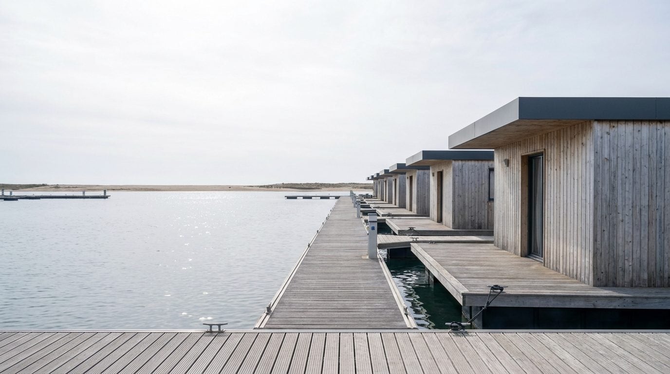 Une rangée de LodgeBoats en bois clair amarrés le long d'un ponton dans l'avant-port de Gruissan, terrasses tournées vers l'eau