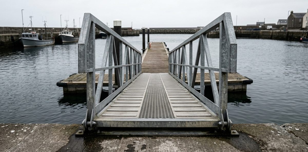 La passerelle métallique en pente qui relie le quai au ponton flottant, un jour de ciel couvert