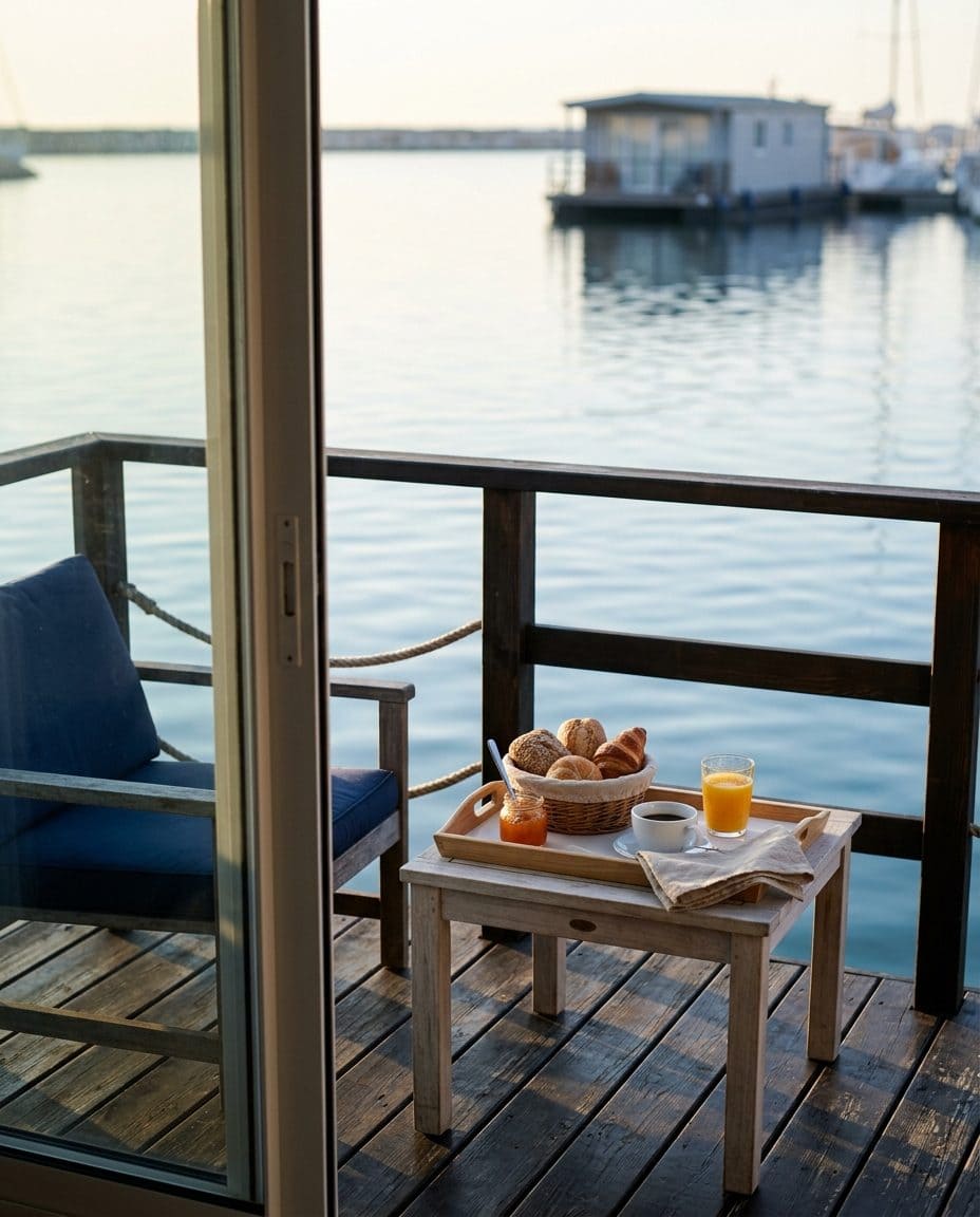 La terrasse en bois d'un LodgeBoat au petit matin, avec un plateau de petit-déjeuner posé sur la table et l'eau du port juste derrière