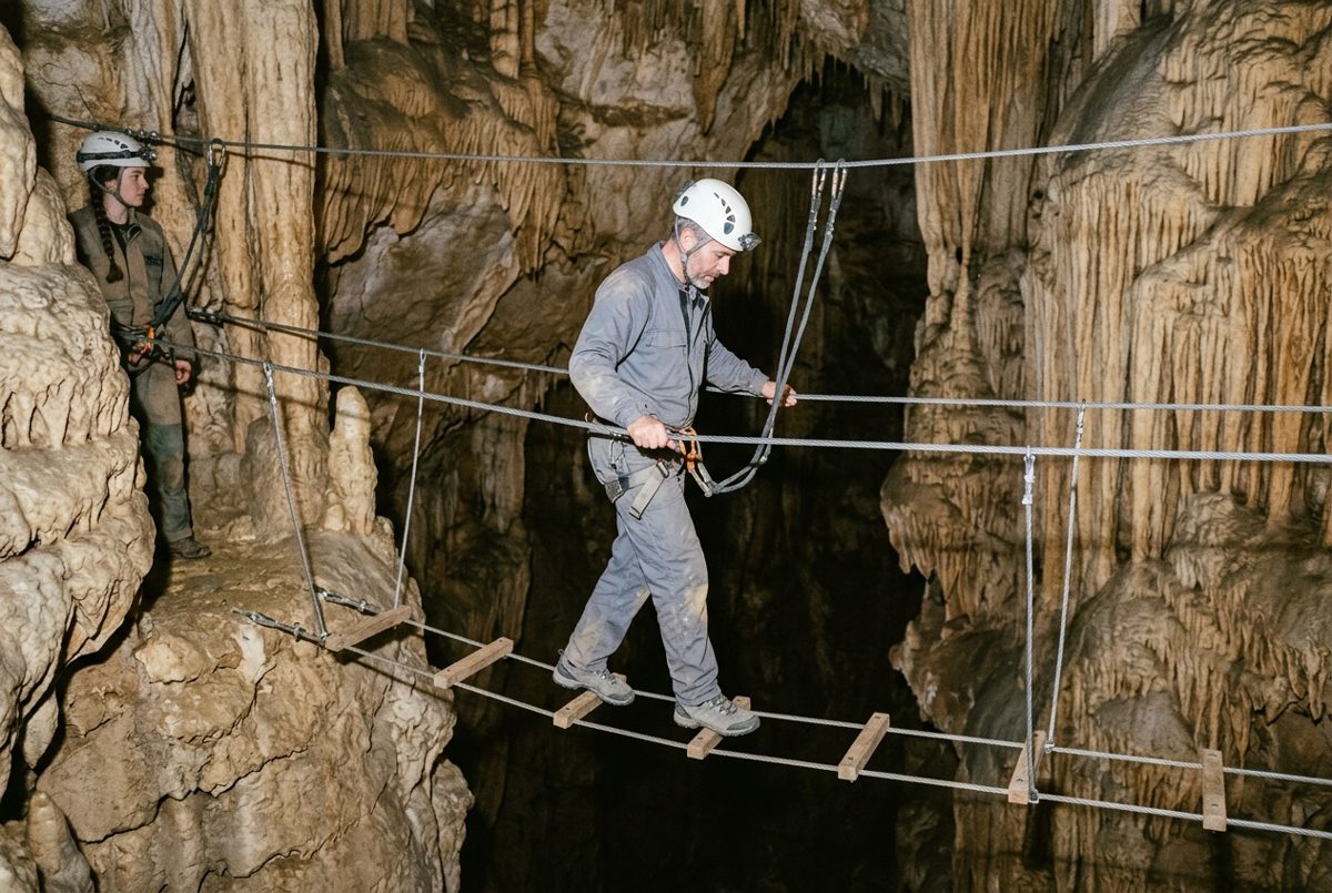 Un participant casqué et encordé traverse un pont népalais suspendu au-dessus du vide dans une grande grotte
