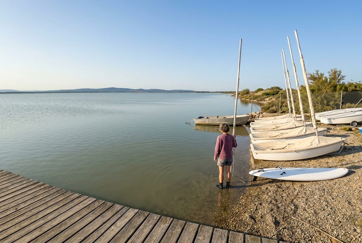 Dériveurs et planches à voile tirés sur la grève de l'étang de Leucate, devant la base nautique