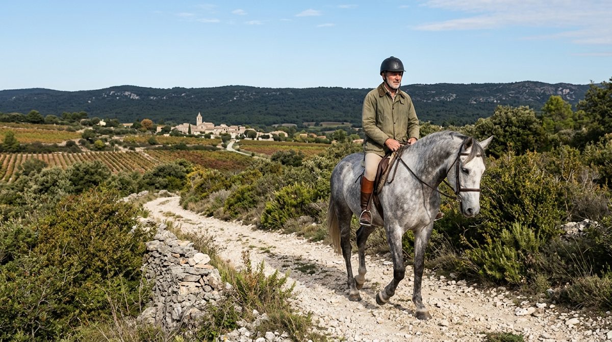 Un cavalier sur un cheval gris au pas sur une piste de garrigue, avec les vignes et la Montagne Noire en arrière-plan