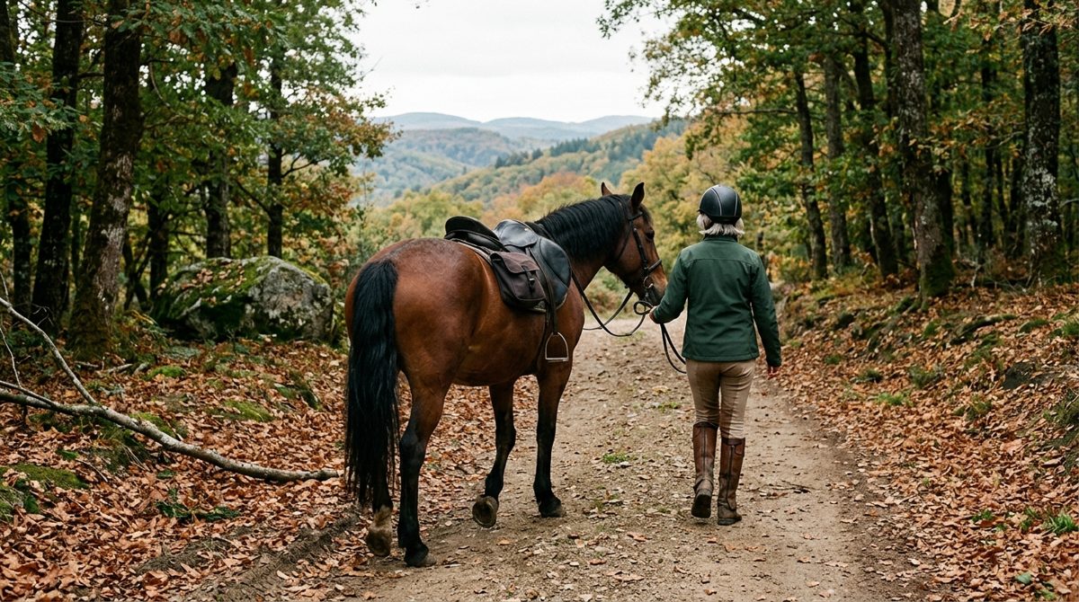 Une cavalière mène son cheval bai à pied sur une large piste forestière de hêtres et de châtaigniers, dans la Montagne Noire
