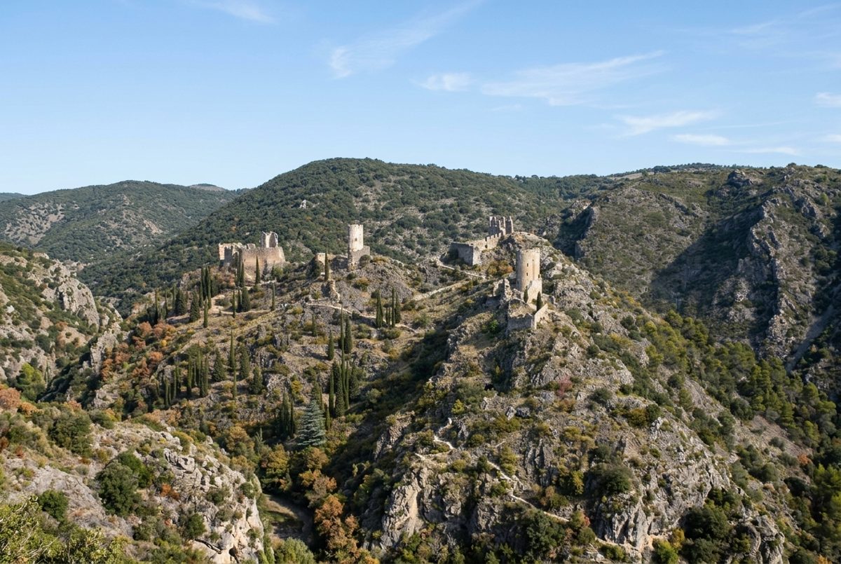 Les quatre châteaux en ruine de Lastours alignés sur leur éperon rocheux au-dessus des gorges boisées