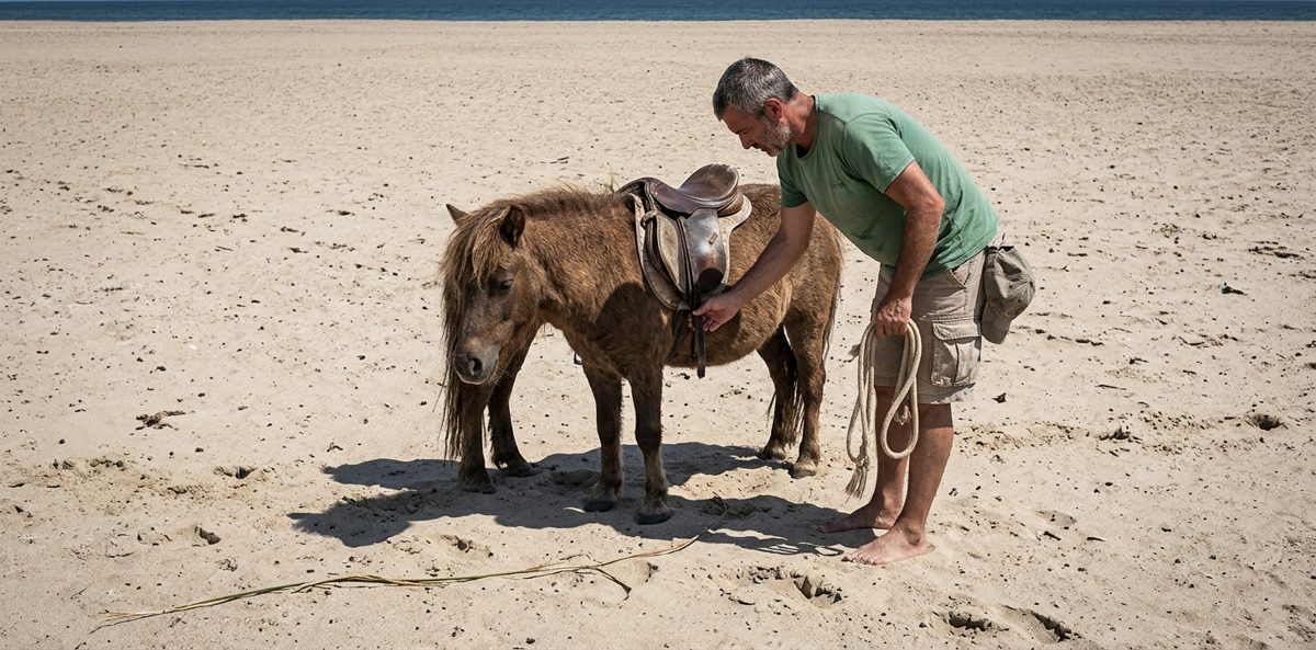 Poney sellé tenu en longe sur une plage à Leucate