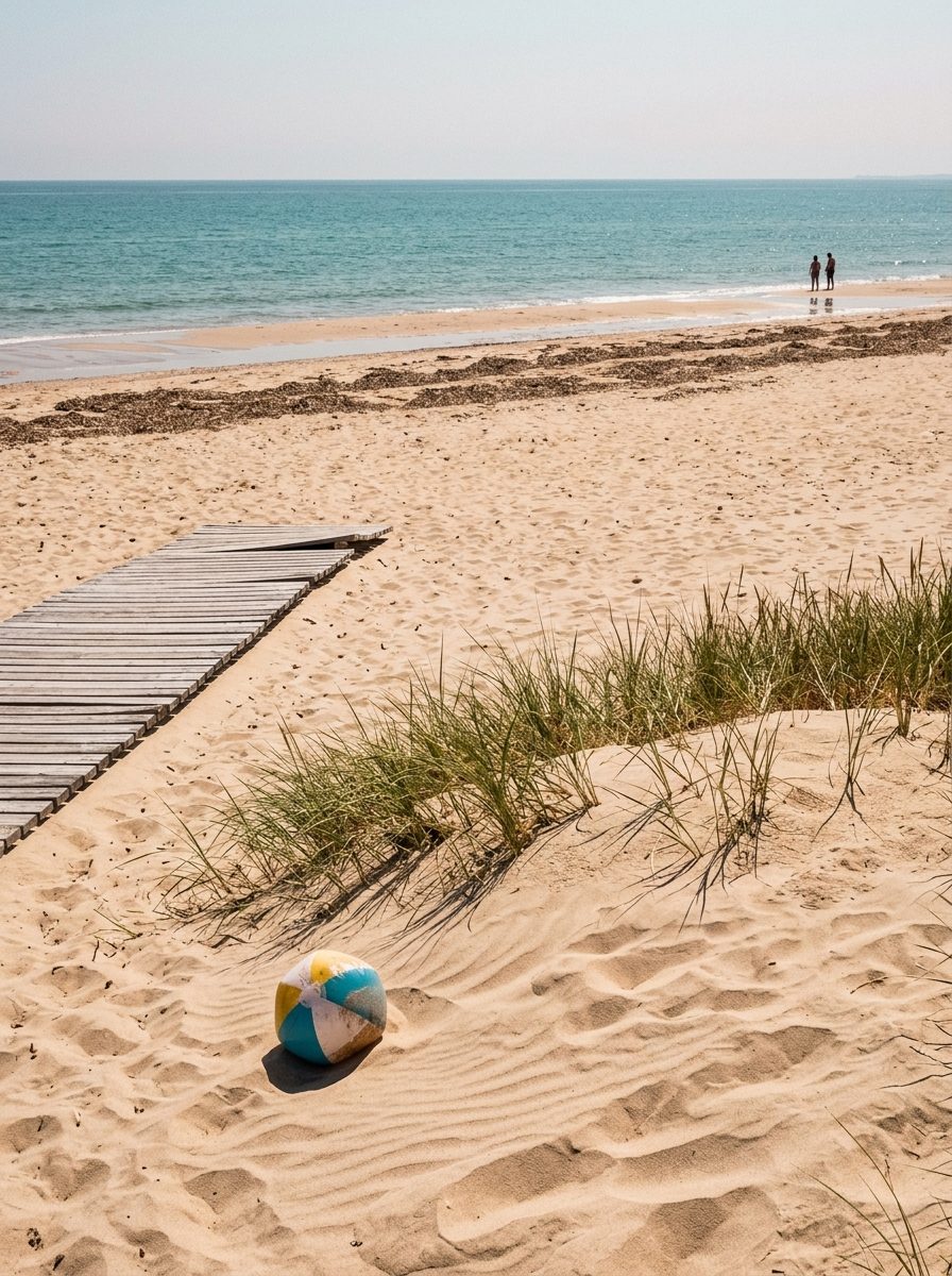Le cordon dunaire et la plage face à la Méditerranée, avec un caillebotis d'accès en bois