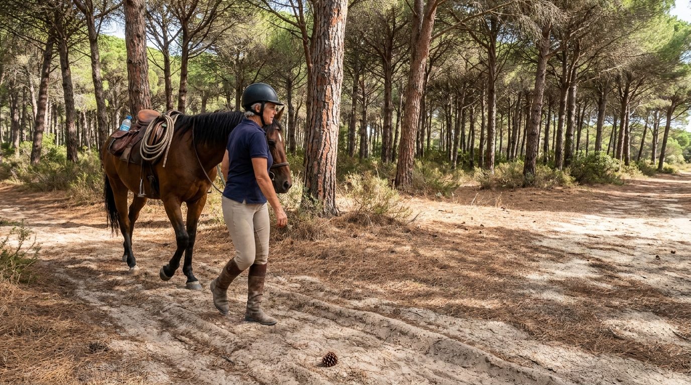 Cavalier au pas sur un sentier de pinède à Gruissan