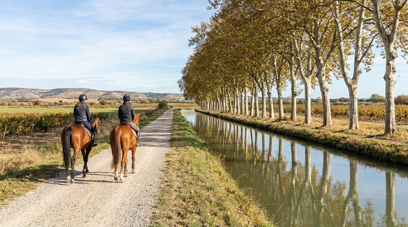 Deux cavaliers au pas sur le chemin de halage du canal de la Robine, près de Narbonne