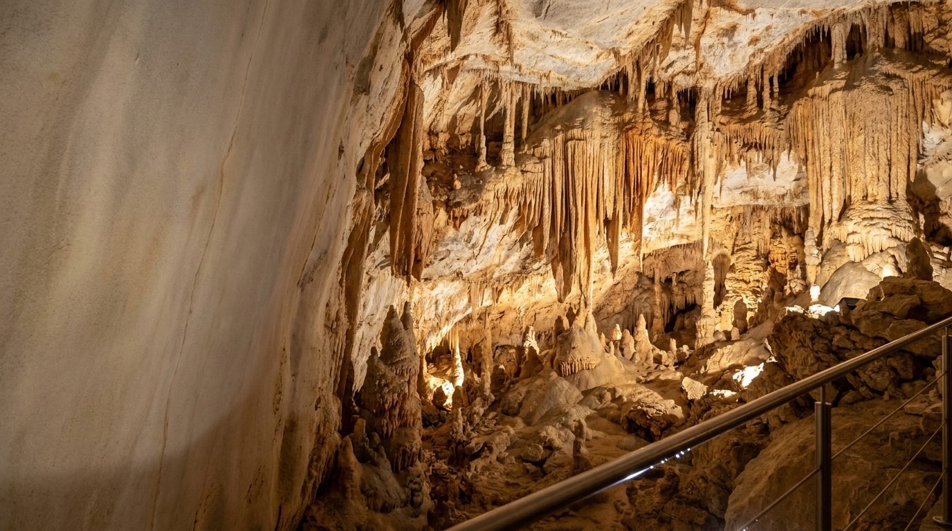 Une immense salle souterraine éclairée, vue depuis un balcon de visite, avec ses draperies et stalactites