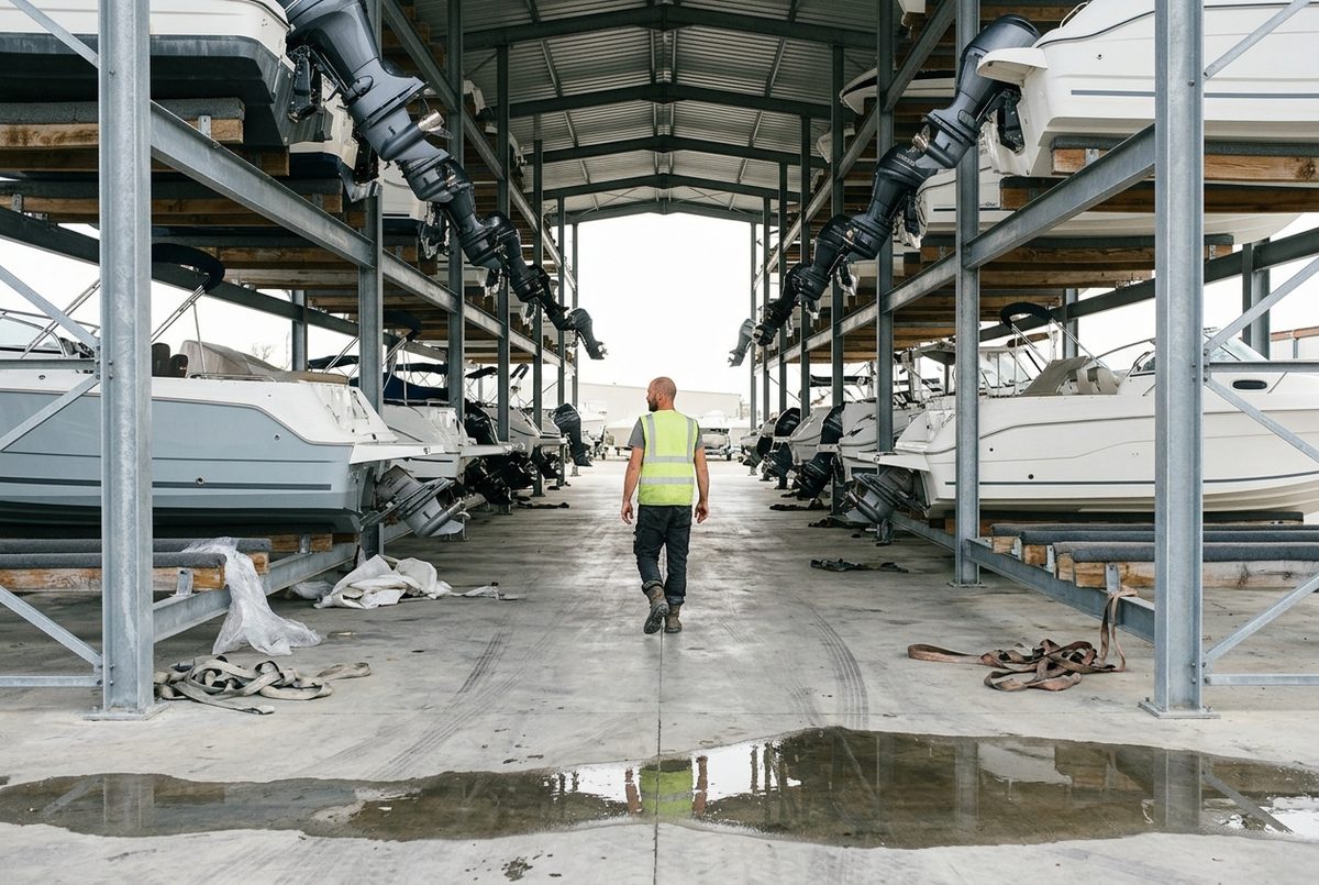 Bateaux à moteur stockés sur trois niveaux de racks métalliques sous un hangar ouvert de port à sec