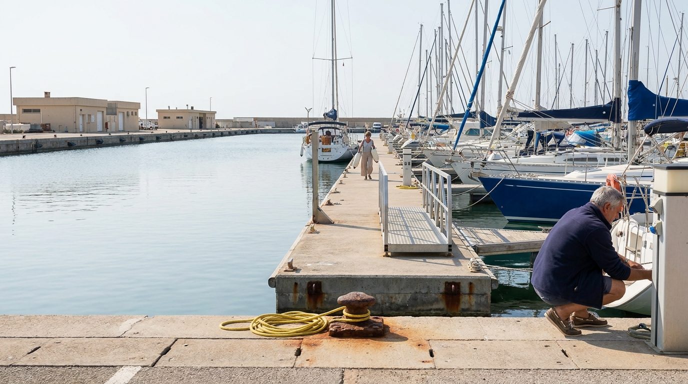 Les pontons et les mâts des voiliers amarrés dans le bassin du port de plaisance de Port-Leucate, un matin de septembre