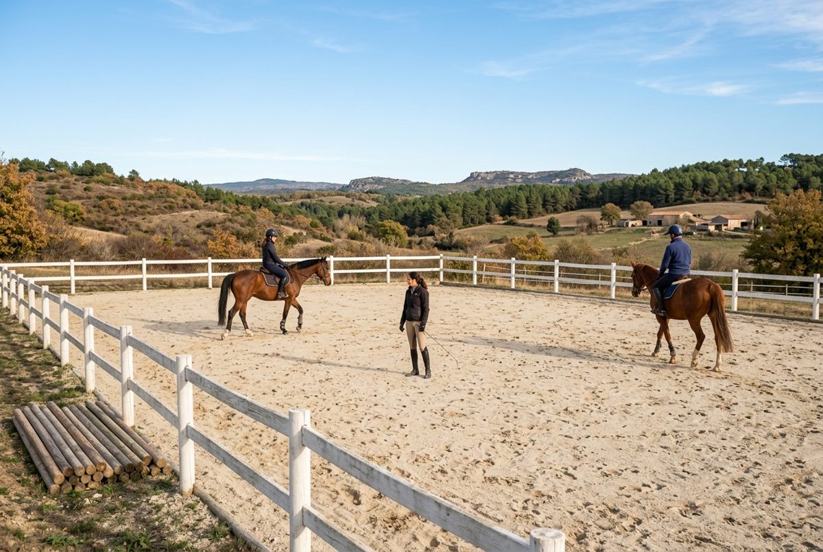 Cours d'équitation en carrière extérieure, un enseignant à pied et deux cavaliers au pas