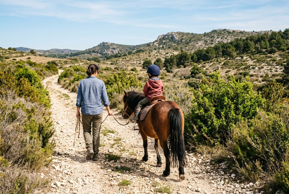 Un adulte mène un poney en main sur un chemin de garrigue, un jeune enfant en selle