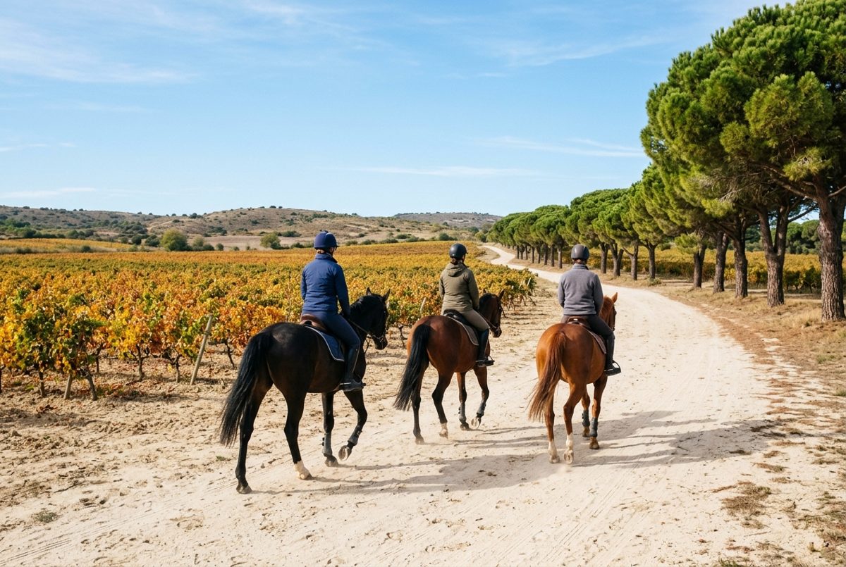 Cavaliers au trot sur un chemin entre vignes et pinède dans le Narbonnais