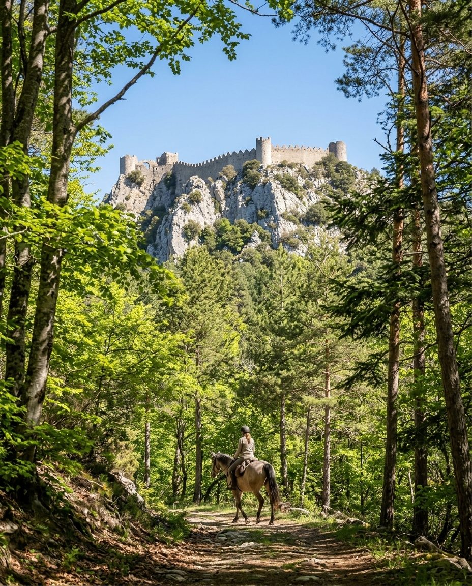 Cavalier sur un sentier boisé au pied du château de Puilaurens, en Haute Vallée de l'Aude