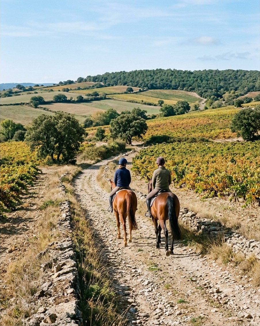 Deux cavaliers au pas sur un chemin bordé de vignes dans les collines du Razès