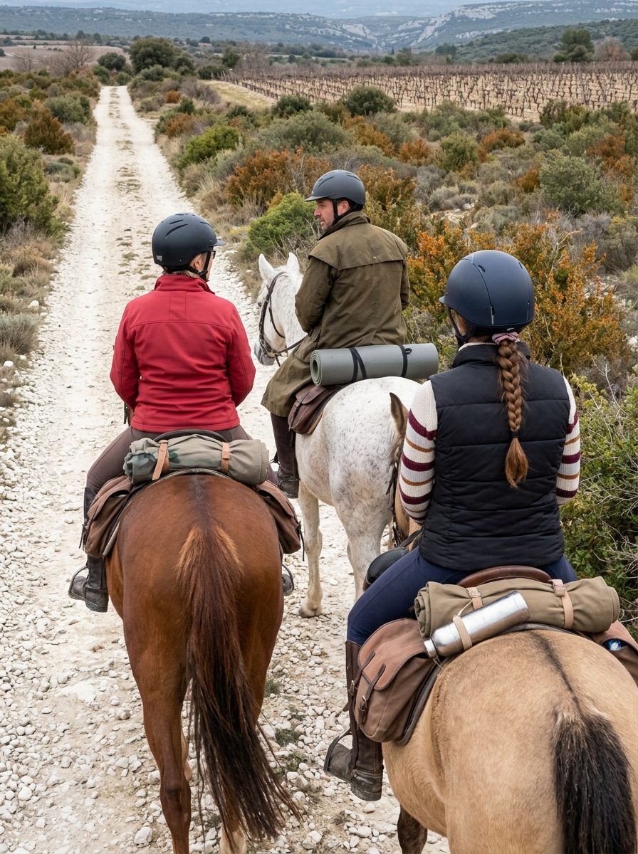 Cavaliers en randonnée dans la garrigue des Corbières maritimes